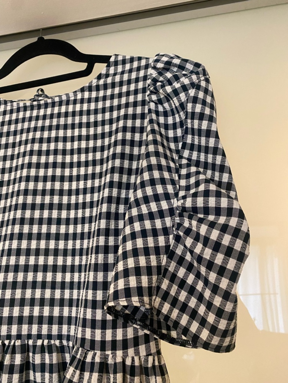 Topshop Navy and White Gingham Midi Dress with Puff Sleeves and Laced Back 2 - Picture 2 of 4